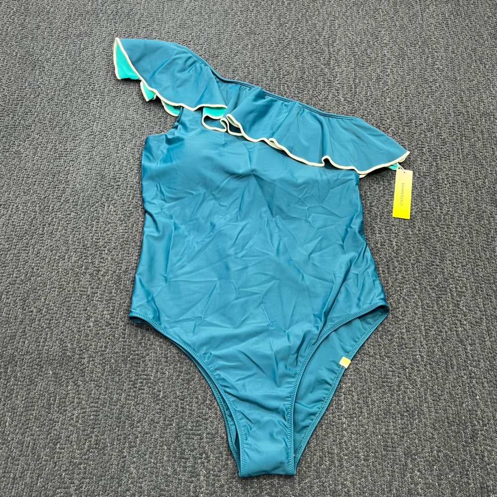 Summersalt The Ruffle One Shoulder One Piece Swimsuit Teal Blue Womens Sz 12 New